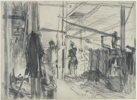 Maschinenraum im Walzwerk. Studie zum "Eisenwalzwerk. Moderne Cyklopen"