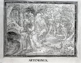 Der Einsiedler Artemonus (Possidonius) flieht vor einem Ritter im Wald