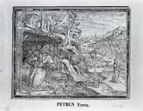 Petrus Emeritanus (Liphardus) tut Buße mit dem Kruzifix in der Hand. Rechts eine gepfählte Schlange