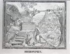 Der heilige Hieronymus, in der Bibel lesend, Ausblick auf eine hügelige, felsige Landschaft