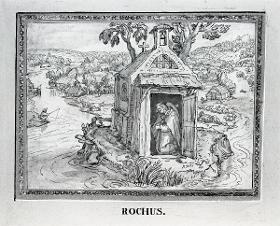 Der hl. Rochus in seiner Einsiedlerhütte an einem Fluss