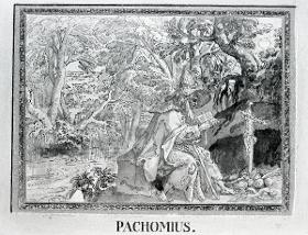Der Einsiedler Pachomius (Quiriacus) an einem Fluss sitzend und lesend