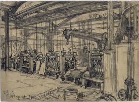 Halle im Walzwerk Königshütte. Studie zum "Eisenwalzwerk. Moderne Cyklopen"