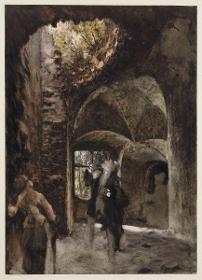 In der Ruine, ein Herr und eine Dame blicken zu einem großen Loch im Gewölbe empor
