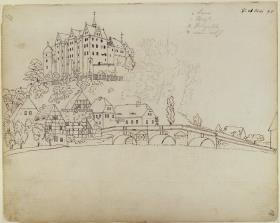 Ansicht von Nossen in Sachsen mit Burg und Brücke