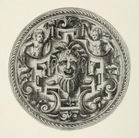 (7) 1 Blatt mit rundem Medaillon mit Rollwerk, einer Maske und zwei Kinderfiguren