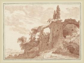 Landschaftspartie mit Ruine und figürlicher Staffage, Rom