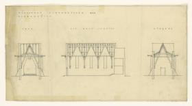 Gewerbeausstellung Dombauhütte, München, Querschnitt Chor, Ost-West-Schnitt und Querschnitt Eingang