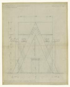 Gewerbeausstellung Dombauhütte, München, Querprofil mit Mauerstruktur der Eingangsstirnwand