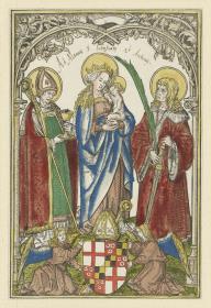 Maria mit schlafendem Kind zwischen den Heiligen Pelagius und Conradus unter einem spätgotischen Portal
