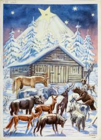 o.T. [Tiere vor Blockhaus im Wald]
