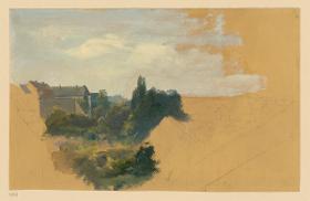 Stadtlandschaft mit Häusern und Bäumen bei lichtem Himmel