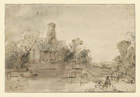 Landschaft mit Kirche an einem Wasser