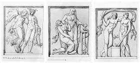 Hermes und Aphrodite (?) / Zwei Frauen in langen Gewändern vor der Schlange / Zwei nackte Jünglinge umarmt bei einem Postament stehend