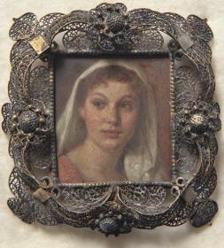 Kopf einer Frau mit weißem Tuch. Miniatur aus der Sammlung Loewe