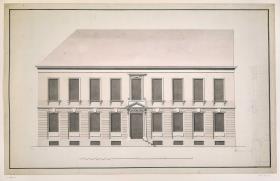 Fassade eines zweigeschossigen, neunachsigen Eckhauses, Teilansicht, re. Schnitt der Fassade