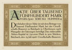 Aktie über tausendfünfhundert Mark der Gesellschafts-Brauerei zu Butzbach in Oberhessen