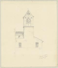 Skizzenbuch Italienreise, Perugia, Santa Maria degli Aratri, Vorderansicht der Fassade, Skizze