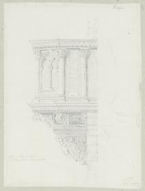 Skizzenbuch Italienreise, Perugia, Cattedrale di San Lorenzo, Außenkanzel an der Fassade, Seitenansicht und Profilzeichnungen