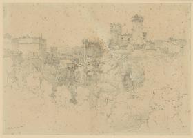 Italienische Landschaft mit Waldung, Türmen und Häusern bei Nepi