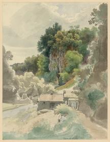 Fels- und Flusstal mit Gebäude bei Civita Castellana