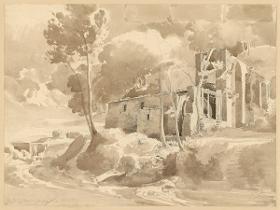 Landschaft mit Fluss und Aquädukt mit Mühle bei Massa