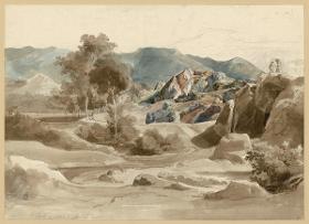 Italienische Landschaft mit Bach, Bäumen und einem Haus am Weg und zerklüfteter Felspartie. Camel bei Sora