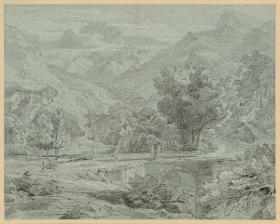 Gebirgslandschaft mit Bogenbrücke und figürlicher Staffage