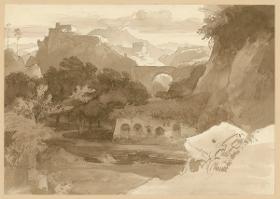 Felsige Gebirgslandschaft mit Viadukt. Motiv aus den Sabinerbergen