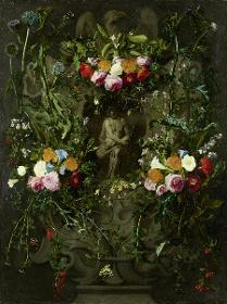 Blumengirlande mit Christus in der Rast