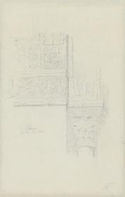 Skizzenbuch Italienreise, Palermo, La Zisa, Eingang zum Brunnensaal, Kapitell und Kufischriftband