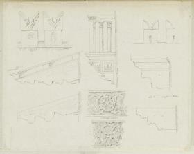 Skizzenbuch Italienreise, Mailand, Sant'Ambrogio und unbezeichnetes Gebäude; Verona, Castelvecchio, Zinnen und unbezeichnete Gebäude sowie Venedig, unbezeichnetes Gebäude, Balkon