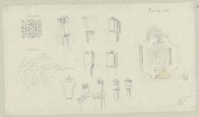 Skizzenbuch Italienreise, Venedig, unbezeichnete Gebäude, Kamine, Bodenornamentik und Türklopfer