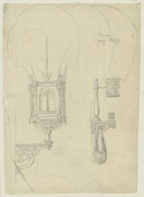 Skizzenbuch Italienreise, Florenz, Palazzo Strozzi, Laterne und Fahnen- oder Fackelhalter