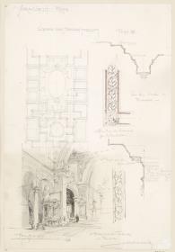 Reisestudien, Rom, S. Maria in Aracoeli, Skizzenblatt mit Deckenprojektion, Blick in den Chor und vier Details