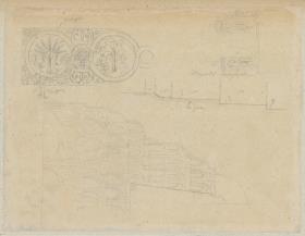Skizzenbuch Italienreise, Palermo, La Zisa, Brunnensaal, Details und Seitenportal an der Ostfassade, Umrisszeichnung
