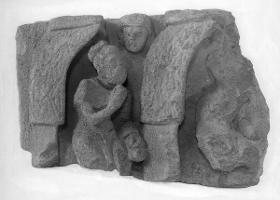 Erzählende Szene (Fragment): Zwei Asketen in ihren Laubhütten