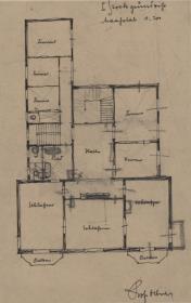Darmstadt, Projekt Wohnhaus und Stallgebäude für Dr. von Pander, vorbereitende Skizze, Grundriss des ersten Obergeschosses