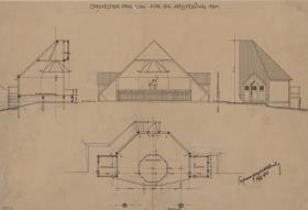 Darmstadt, provisorischer Orchesterpavillon für die Ausstellung, Aufrisse der Haupt und Schmalseite, Schnitt und Grundriss