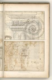 Rom, Tempel Fortuna Virilis; Zeichnung oben Hdz 3304: Ionische Kapitelle; Verso: Seitenansicht Volute vom ionischen Kapitell; Zeichnung unten Hdz 3305: ionisches Kapitell der Giebelfront, Außen- und Innenansicht; Verso: Details der Frieszone des Gebälks