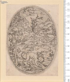 (3) 1 Blatt Oval mit dem Thisbe-Löwen in Landschaft
