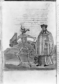 Totentanz für Wilhelm Werner, Graf zu Zimmern - Der Tod mit der Orgel führt einen Priester im Ornat