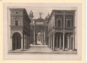 Phantasiearchitektur, 1 Bl. Kupferstich bez. "Bramanti Architecti opus", "Philippus Thomassinus excud. Roma".