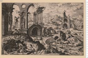 Römische Ruinen in phantastischer Zusammenstellung, bez.: Martinus Hemstkircken inue Cock fecit. 1552.