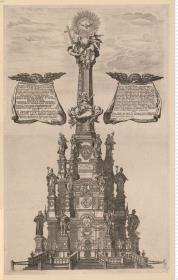 Statua Sanctissimae Trinitatis ... Die Saulen der Aller Heyl: Dreyfaltigkeit Mit der Bildung der H. Jungfrauen Mariae aus Kupfer in Feüer Verguldet, dessen Grund im Jahr 1717 geleget ... eingeweihet ... von ... der Gemein dieser Mährischen Haupt-Stadt ... bestätiget ... 1755. Freündt, sc: Olomucij.
