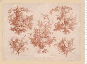 Folge: Tierstücke, Trophäen, Landschaften. J. B. Huet [f. bzw. del.] Demarteau [.lné] sculp. A Paris chés Demarteau ...