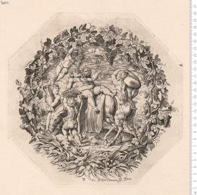1 Blatt Schalenboden (Achteck): Trunkener Silen auf Esel, von Faun und Putten umgeben, in der Umrahmung Weinranken