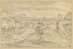 Italienische Landschaft mit Waldung und kleinem Ort am Fluss
