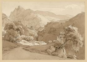 Italienische Gebirgslandschaft, im Mittelgrund Ruine eines Rundtempels
