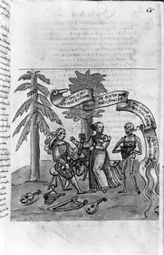 Totentanz für Wilhelm Werner, Graf zu Zimmern - Zu einem musizierenden Paar unter Bäumen tritt der Tod, ein Xylophon spielend